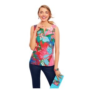 RSVP by Talbots Red Pink Floral Split Neck Sleeveless Shell Top 2P Side Zip